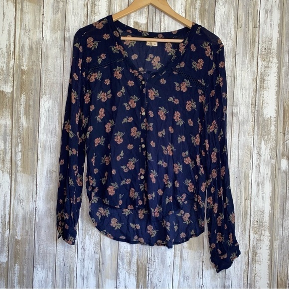 Hollister Navy Floral Button Down High Low Blouse - Picture 1 of 6